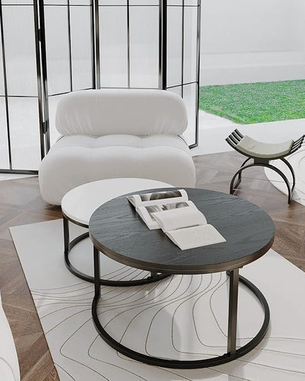 Usinso Round Coffee Tables,2 Round Nesting Table Set Circle Coffee Table with Storage Open Shelf for Living Room Modern Minimalist Style Furniture Side End Table of Stable(Black & White) - LeafyLoom