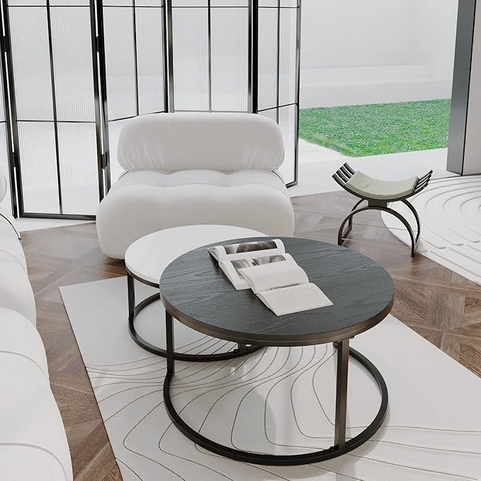 Usinso Round Coffee Tables,2 Round Nesting Table Set Circle Coffee Table with Storage Open Shelf for Living Room Modern Minimalist Style Furniture Side End Table of Stable(Black & White) - LeafyLoom