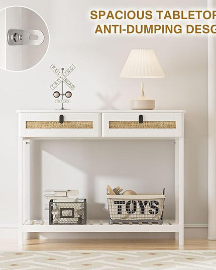 Knowlife Rattan Console Table with Drawers, Entryway Table Sofa Table with Storage Shelf, Narrow Long Behind Couch Table for Entryway, Living Room, Hallway, White - LeafyLoom