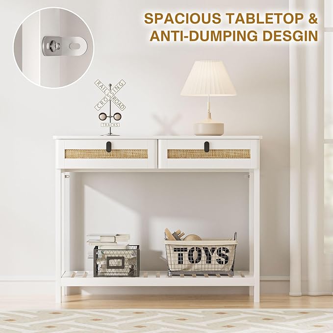 Knowlife Rattan Console Table with Drawers, Entryway Table Sofa Table with Storage Shelf, Narrow Long Behind Couch Table for Entryway, Living Room, Hallway, White - LeafyLoom