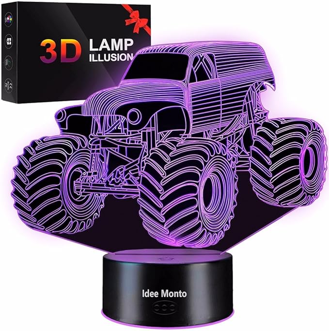 Monster Trucks Night Light for Boys 3D LED Lamp, Home Decor Lighting for Kids Room, Perfect Kids Room Decor, Inspired by The Iconic Grave Digger Monster Truck, Ideal Gift for Kids Fans - LeafyLoom