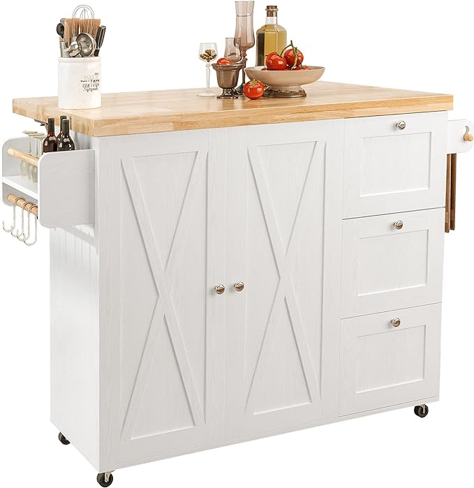 IRONCK Rolling Kitchen Island Cart with Drop-Leaf Countertop, Thicker Rubberwood Top, 3 Drawers, Barn Door Style Cabine, Spice Rack, on Wheels, for Kitchen and Dining Room, White - LeafyLoom