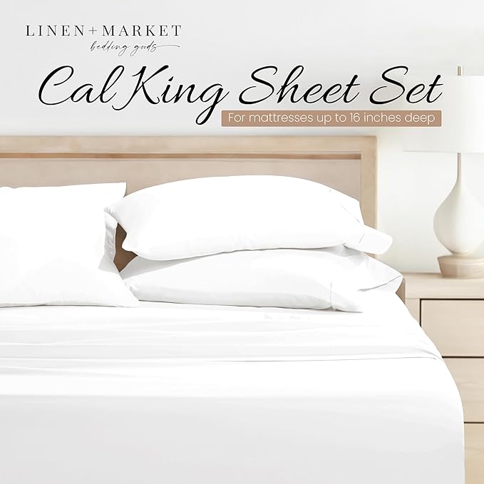 Linen Market Bed Sheets for California King Size Bed (White) - Sleep Better Than Ever With These Soft and Cooling California King Sheets - Deep Pocket Fits 16" Thick Beds - 4 Piece Cal King Sheet Set - LeafyLoom