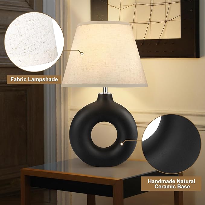 Black Ceramic Table Lamp for Living Room Bedroom, 21" Modern Bedside Lamps with 3 Color Temperature Farmhouse Rustic Table Lamps for Night Stands, Dorm, Office, Home Décor (Bulb Included) - LeafyLoom