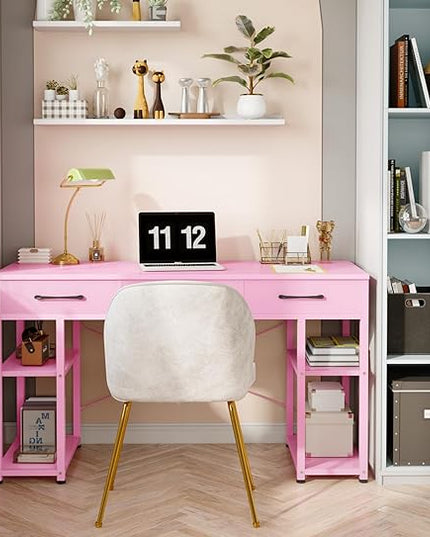 ODK Vanity Desk with Fabric Drawers & Storage Shelves, Makeup Dressing Table, Home Office Desks for Bedroom, Modern Simple Writing Desk,Pink, 48"x16" (No Mirror - LeafyLoom