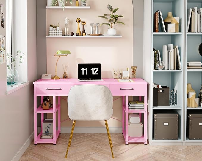ODK Vanity Desk with Fabric Drawers & Storage Shelves, Makeup Dressing Table, Home Office Desks for Bedroom, Modern Simple Writing Desk,Pink, 48"x16" (No Mirror - LeafyLoom