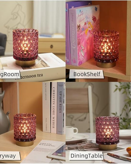 Battery Operated Table Lamp with Timer, 4.7" Tall Round Small Lamps, Cordless Crystal Night Light,Battery Powered Bedside Lamp, for Corner/Living Room/Bedroom/Tabletop, Purple - LeafyLoom