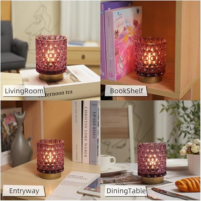 Battery Operated Table Lamp with Timer, 4.7" Tall Round Small Lamps, Cordless Crystal Night Light,Battery Powered Bedside Lamp, for Corner/Living Room/Bedroom/Tabletop, Purple - LeafyLoom