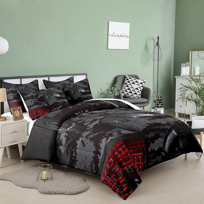 Tailor Shop Gaming Comforter Set Full Size for Boys, Black Camouflage Gamer Bedding Sets for Boys Kids Teenage, All Season 3 Piece Gaming Bed Set with 1 Comforter and 2 Matching Pillowcases… - LeafyLoom