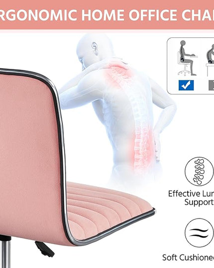 Yaheetech Velvet Low Back Vanity Chair Armless Ribbed Office Chair Swivel Task Chair Height Adjustable Chair Apricot Pink - LeafyLoom