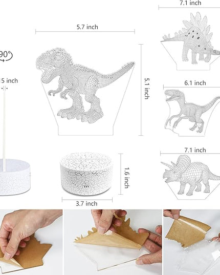 Dinosaur Toys 3D Dinosaur Night Light, 4 Pieces 3D Dinosaur Lamp Toy with 16 Color Changes and Remote Control, Dinosaur Toy Gifts for Kids Boys Girls from 3 4 5 6+ Years - LeafyLoom