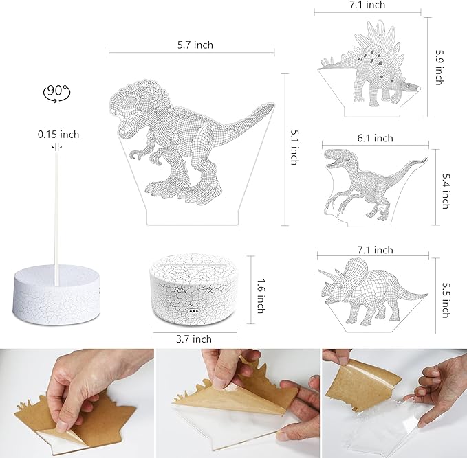 Dinosaur Toys 3D Dinosaur Night Light, 4 Pieces 3D Dinosaur Lamp Toy with 16 Color Changes and Remote Control, Dinosaur Toy Gifts for Kids Boys Girls from 3 4 5 6+ Years - LeafyLoom