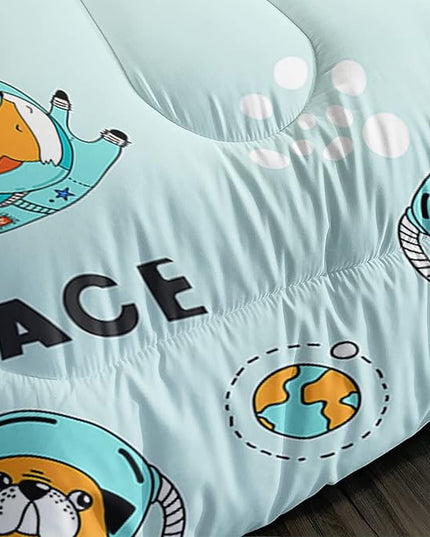 Kawaii Dog Rabbit Fox Comforter Set 3 Pieces Universe Galaxy Outer Space Bedding Set Astronaut Rocket Bed Quilt Set for Girls Boys Kids Blue - LeafyLoom