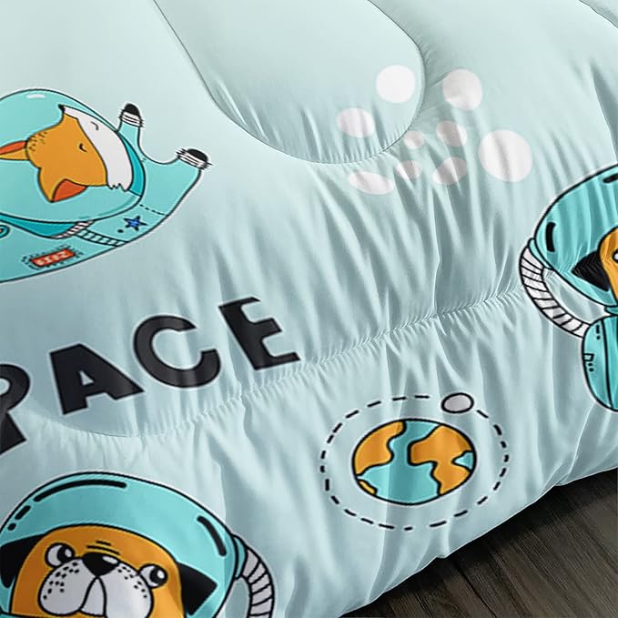Kawaii Dog Rabbit Fox Comforter Set 3 Pieces Universe Galaxy Outer Space Bedding Set Astronaut Rocket Bed Quilt Set for Girls Boys Kids Blue - LeafyLoom