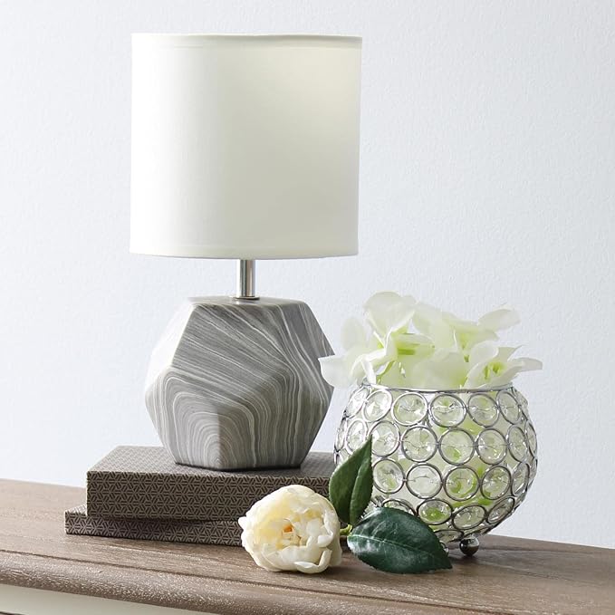 Simple Designs LT2065-MBL Round Prism Mini Table Lamp with White Fabric Shade, Gray Marble - LeafyLoom