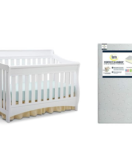 Delta Children Bentley S Series 4-in-1 Crib, White + Serta Perfect Slumber Dual Sided Recycled Fiber Core Crib and Toddler Mattress (Bundle) - LeafyLoom