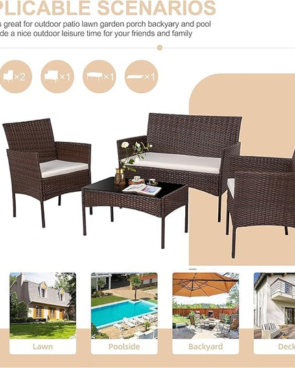Shintenchi 4 Piece Outdoor Patio Furniture Sets, Small Wicker Patio Conversation Furniture Rattan Chair Set with Tempered Glass Coffee Table for Backyard Porch Garden Poolside Balcony - LeafyLoom