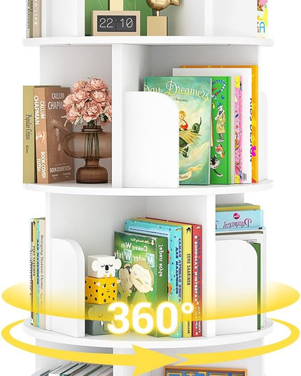 Rotating Bookshelf, Wood Corner Bookshelf, 360 Display Spinning Bookcase Storage Rack, 4 Tier Floor Standing Revolving Bookcase Narrow Book Shelf Organizer for Small Space, Bedroom, White - LeafyLoom