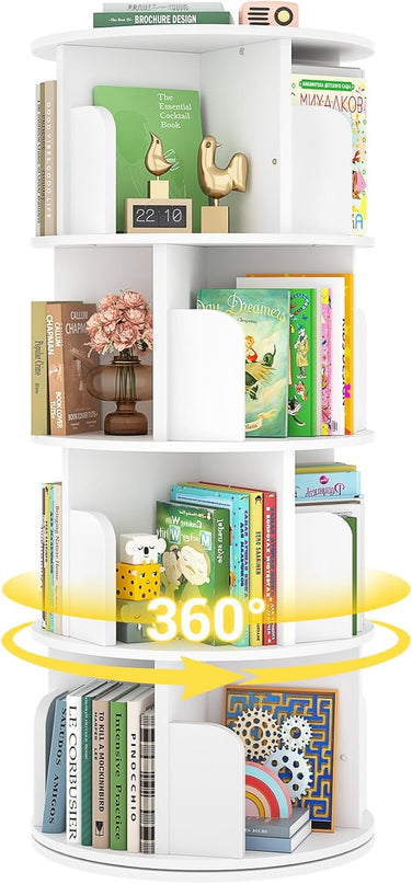 Rotating Bookshelf, Wood Corner Bookshelf, 360 Display Spinning Bookcase Storage Rack, 4 Tier Floor Standing Revolving Bookcase Narrow Book Shelf Organizer for Small Space, Bedroom, White - LeafyLoom