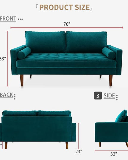 Velvet Furniture for Small Spaces, Mid-Century Modern Loveseats for Living Room, Love Seat Couch Sofas, 70 Inches, Teal Blue - LeafyLoom