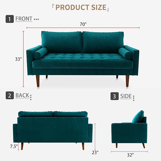 Velvet Furniture for Small Spaces, Mid-Century Modern Loveseats for Living Room, Love Seat Couch Sofas, 70 Inches, Teal Blue - LeafyLoom