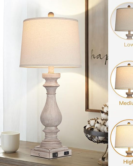 29" Tall Table Lamp for living room set of 2,Vintage Bedside Nightstand Lamps with USB C+A Ports & AC Outlet,3-Way Dimmable Touch Control White Washed Finish Desk Lamp for Bedroom,Color 2 - LeafyLoom