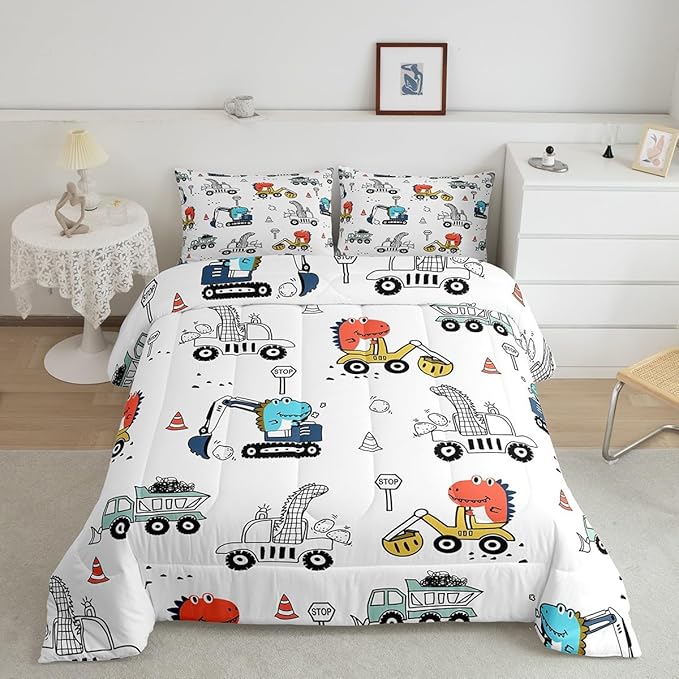 Feelyou Kids Cartoon Car Comforter Set Construction Bedding Set King Size Tractor Vehicle Truck Comforter for Kids Boys Girls Cute Dinosaur Quilt Set Yellow Blue Soft for Teens Child Room Decor - LeafyLoom