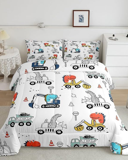Feelyou Kids Cartoon Car Comforter Set Construction Bedding Set Full Size Tractor Vehicle Truck Comforter for Kids Boys Girls Cute Dinosaur Quilt Set Yellow Blue Soft for Teens Child Room Decor - LeafyLoom