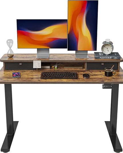 FEZIBO 48 x 24 Inch Height Adjustable Electric Standing Desk with Double Drawer, Stand Up Desk with Storage Shelf, Sit Stand Desk, Rustic Brown - LeafyLoom