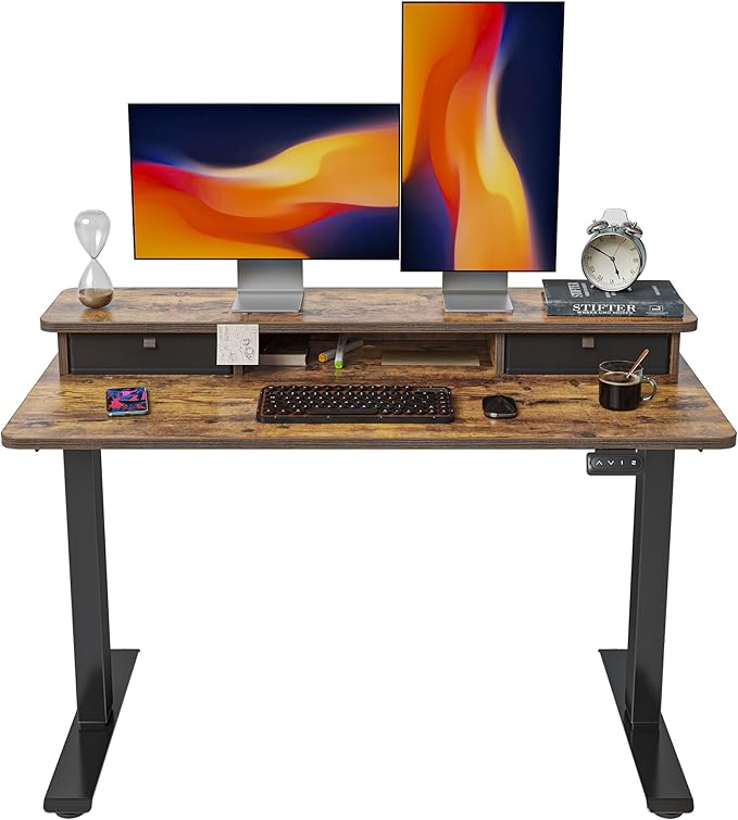 FEZIBO 48 x 24 Inch Height Adjustable Electric Standing Desk with Double Drawer, Stand Up Desk with Storage Shelf, Sit Stand Desk, Rustic Brown - LeafyLoom