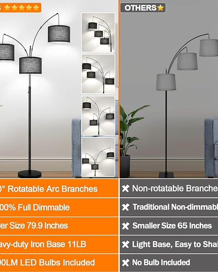 Dimmable Floor Lamp - 3 Lights Arc Floor Lamps for Living Room, 1000LM Modern Tall Standing Lamp With Black Shades & Heavy Base, Mid Century Tree Floor Lamp for Bedroom Office, 3 LED Bulbs Included - LeafyLoom
