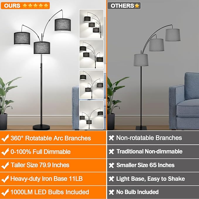 Dimmable Floor Lamp - 3 Lights Arc Floor Lamps for Living Room, 1000LM Modern Tall Standing Lamp With Black Shades & Heavy Base, Mid Century Tree Floor Lamp for Bedroom Office, 3 LED Bulbs Included - LeafyLoom