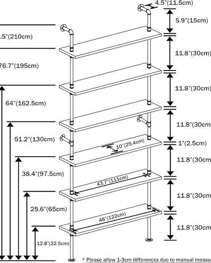 6 Tier Industrial Ladder Pipe Shelf, Wall Mounted Wood Metal Bookshelf for Living Room Storage (Weathered Brown, 10" D x 48" W x 82.5" H) - LeafyLoom