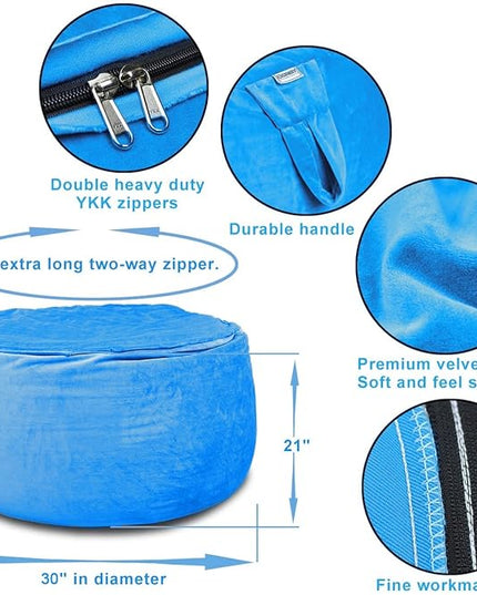Bean Bag Chair Cover, Stuffed Animal Storage, Plush Toys Organizer Holder, Beanbag Chairs Cover for Kids Teans and Adults Super Soft and Comfortable Fabric X-Large with Handle and Zipper -Round Blue - LeafyLoom