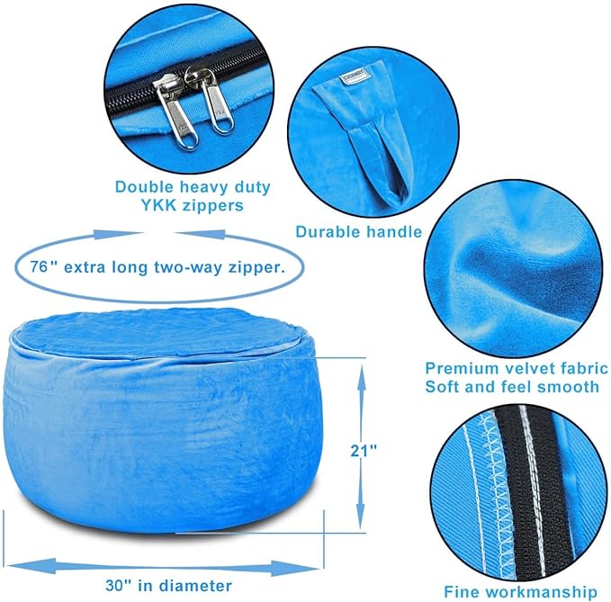 Bean Bag Chair Cover, Stuffed Animal Storage, Plush Toys Organizer Holder, Beanbag Chairs Cover for Kids Teans and Adults Super Soft and Comfortable Fabric X-Large with Handle and Zipper -Round Blue - LeafyLoom