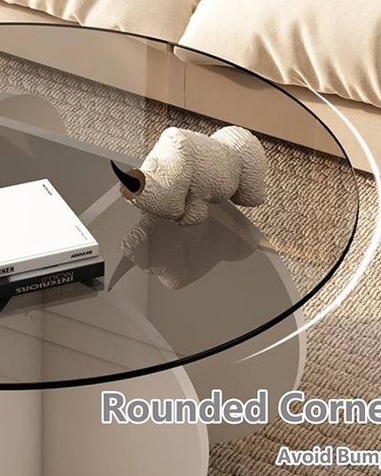 Round Coffee Table, 31.5" White Glass Coffee Tables for Living Room, Unique Circle Coffee Table with Solid Wood Base Abstract Small Center Tabl - LeafyLoom