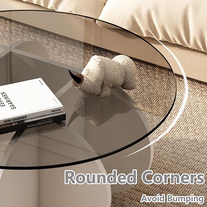 Round Coffee Table, 31.5" White Glass Coffee Tables for Living Room, Unique Circle Coffee Table with Solid Wood Base Abstract Small Center Tabl - LeafyLoom