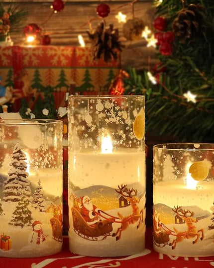 DRomance Santa Claus Glass Flameless Candles Battery Operated Remote and Timer Real Wax LED Flickering Pillar Candles White Cold Light Window Christmas Holiday Decor D3 x H4, 5", 6" DRomance