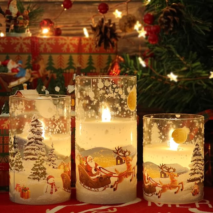 DRomance Santa Claus Glass Flameless Candles Battery Operated Remote and Timer Real Wax LED Flickering Pillar Candles White Cold Light Window Christmas Holiday Decor D3 x H4, 5", 6" DRomance