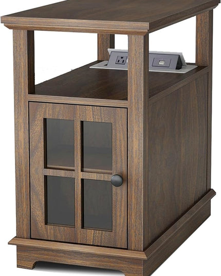 HIFYOBRO Narrow End Table with Flip Top Charging Station and Storage Cabinet, Type-C & USB port & Power outlets, Adjustable Shelf, Narrow Side Table with Storage for Living Room and Bedroom - LeafyLoom