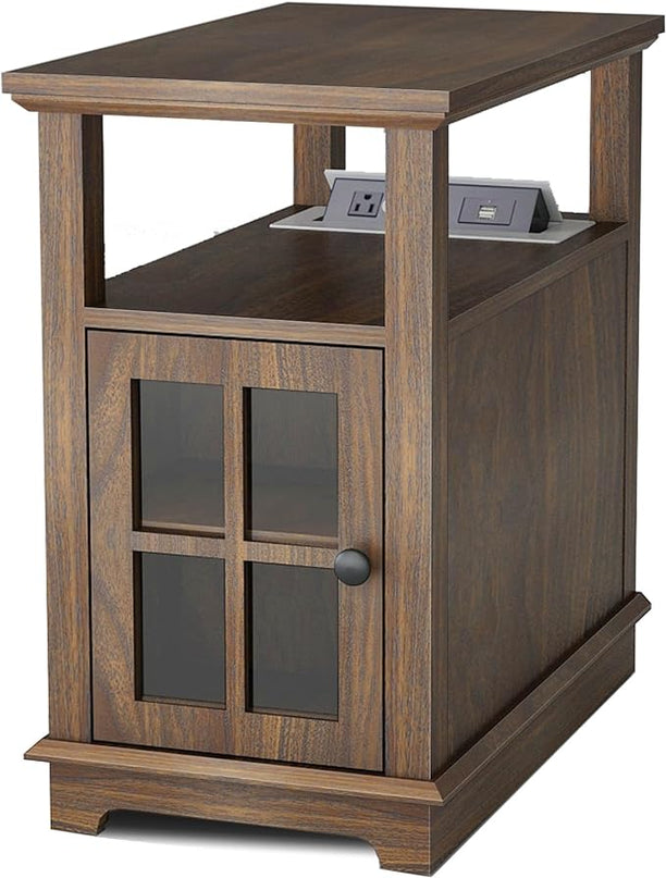HIFYOBRO Narrow End Table with Flip Top Charging Station and Storage Cabinet, Type-C & USB port & Power outlets, Adjustable Shelf, Narrow Side Table with Storage for Living Room and Bedroom - LeafyLoom