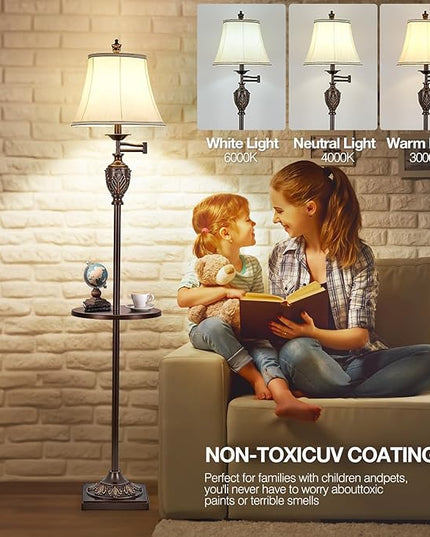 Traditional LED Floor Lamp with 350° Adjustable Swing Arm Lamp – Vintage Standing Pole lamp for Living Room, Bedroom and Office – Rustic Upright Floor Light for Home Décor with Silk Fabric Shade - LeafyLoom