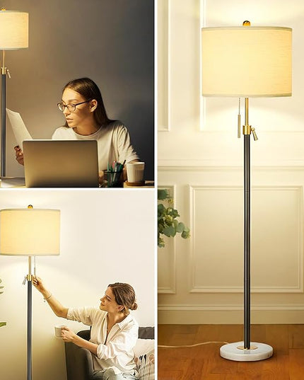 Floor Lamp for Living Room Adjustable Tall Standing Lamp, 3-Way Dimmable Floor Lamp for Bedroom Office, Black Gold Lamp with Marble Base and White Linen Shade, 6W 3000K LED Blub Included - LeafyLoom