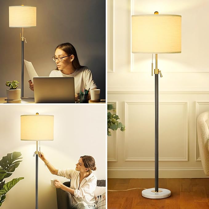 Floor Lamp for Living Room Adjustable Tall Standing Lamp, 3-Way Dimmable Floor Lamp for Bedroom Office, Black Gold Lamp with Marble Base and White Linen Shade, 6W 3000K LED Blub Included - LeafyLoom