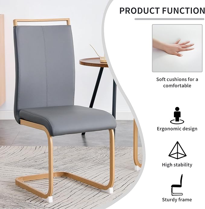 Dining Chairs Set of 4,High Back Grey Kitchen Chairs,Faux Leather Side Chair with Woodgrain Coloured Metal Legs,Easy to Clean Modern Upholstered Dining Chairs,Ideal for Living Room - LeafyLoom