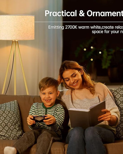 BoostArea Floor Lamp for Living Room, Tripod Floor Lamp, 15W LED Bulb, 3 Levels Dimmable Brightness, Linen Lamp Shade, Mid Century Standing Lamp for Living Room, Bedroom, Study Room and Office(Gold) - LeafyLoom
