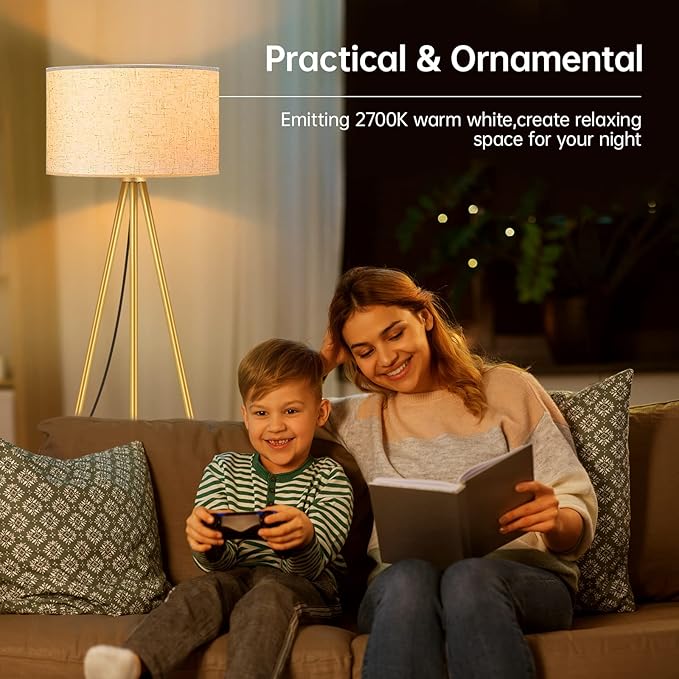 BoostArea Floor Lamp for Living Room, Tripod Floor Lamp, 15W LED Bulb, 3 Levels Dimmable Brightness, Linen Lamp Shade, Mid Century Standing Lamp for Living Room, Bedroom, Study Room and Office(Gold) - LeafyLoom