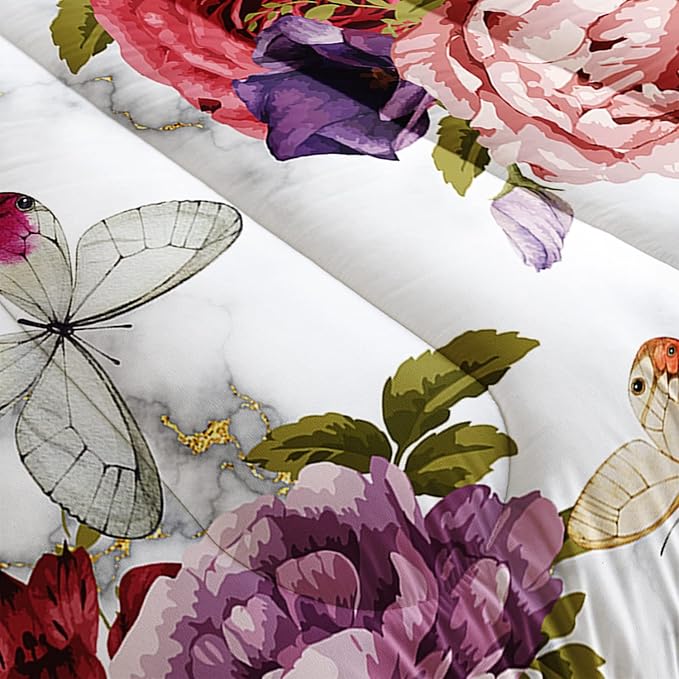 Butterfly Comforter Set for Girls Kids Adults Watercolor Butterfly Rose Bedding Set Aesthetics Butterflies Quilt Duvet Set Full Size with 1 Comforter and 2 Pillowcases - LeafyLoom