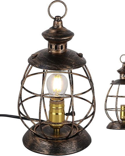 Industrial Metal Lantern Table Lamp - 12.2''H Gold Cage Lampshade Searchlight Standing Lighting Fixtures - Nautical Spotlight Reading Desk Light Decoration for Living Room Bedroom Farmhouse - LeafyLoom
