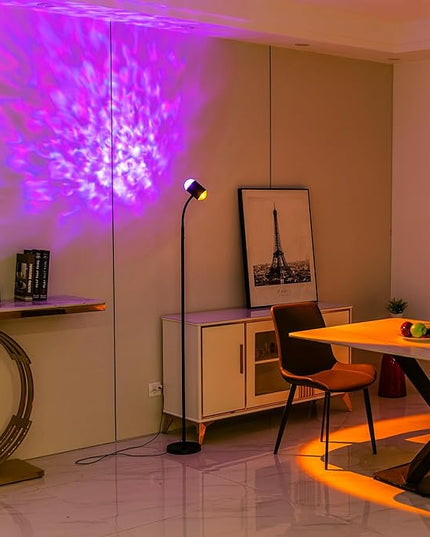 Sunset Lamp Projector with 3D Ocean Wave, 12 Colors Changing & Four Mode with USB Port, RGB Floor Lamp Double Side Lighting with Remote,Creative DIY Mode, 360° Rotation Atmosphere Lamp for Bedroom - LeafyLoom